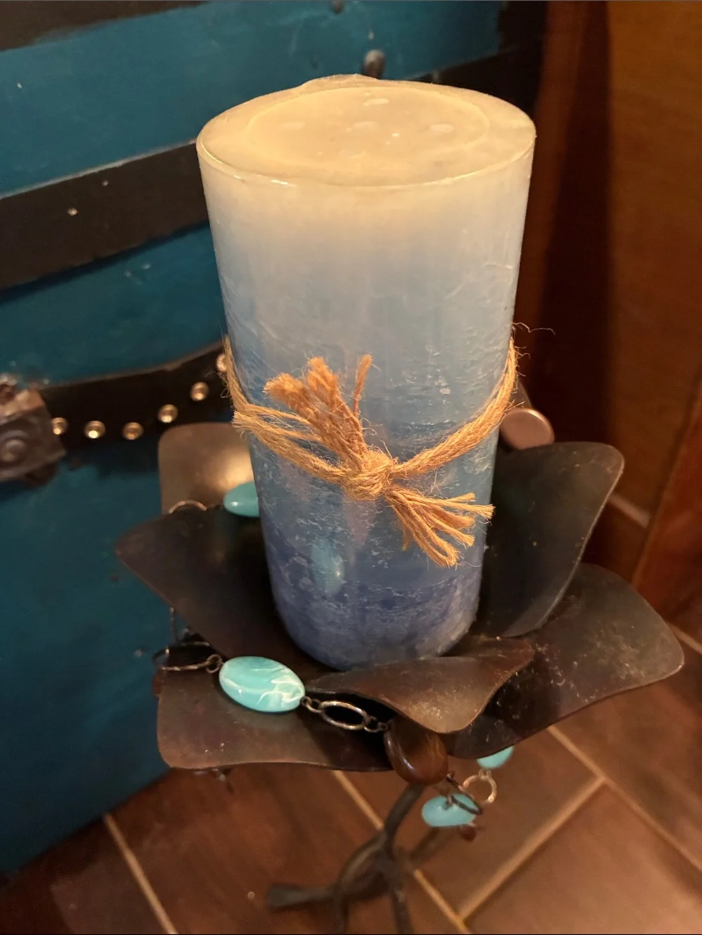 Decorative Blue Pillar Candle Holder with Turquoise Accents
